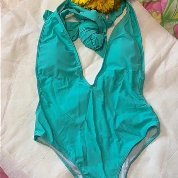 Mint Green Lined Deep V Criss Cross One Piece Swimsuit New - Picture 7 of 16